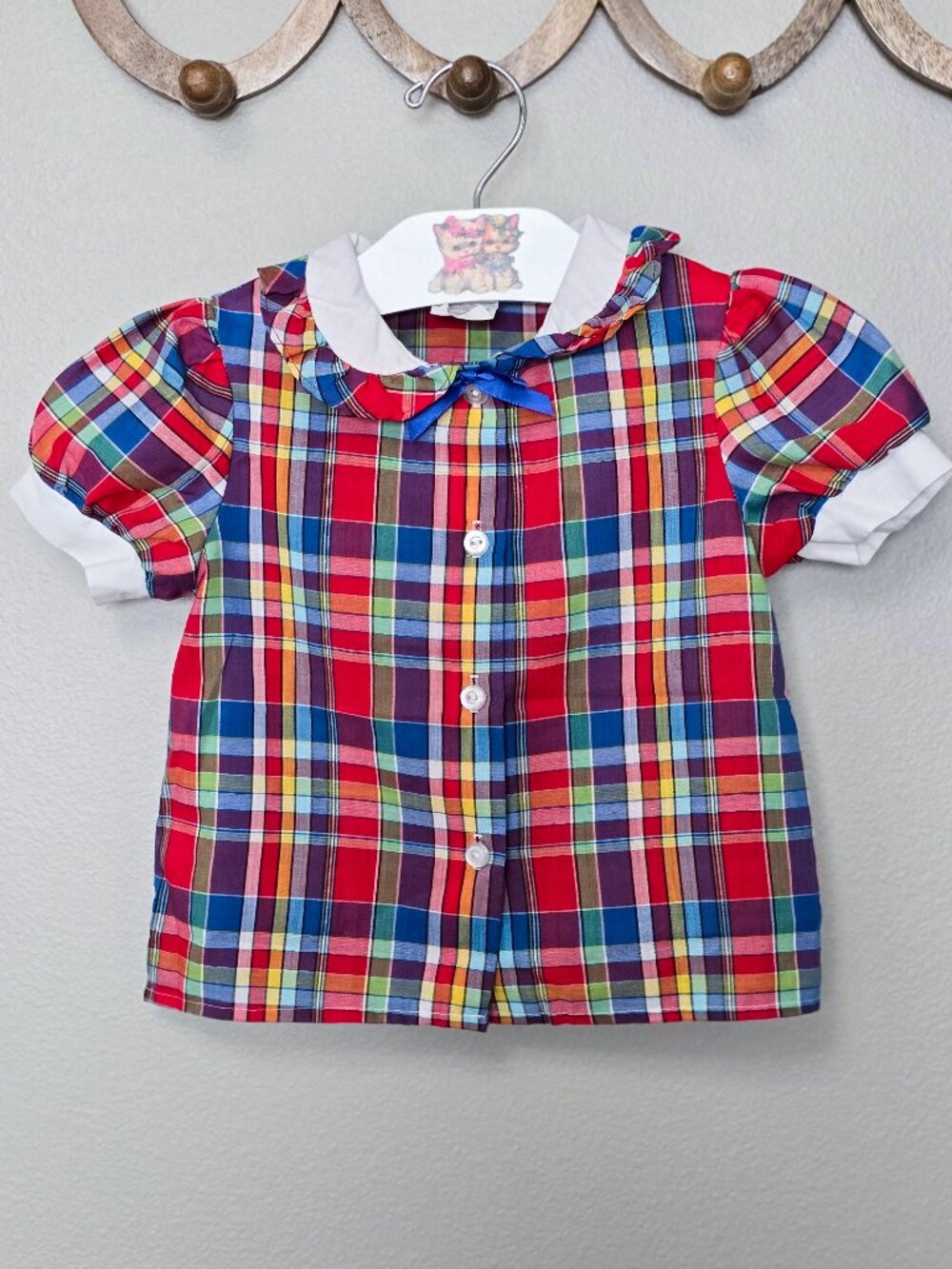 VTG 1980s JCPenney Girls Plaid Puff Sleeve Shirt 4T Ruffle Collar